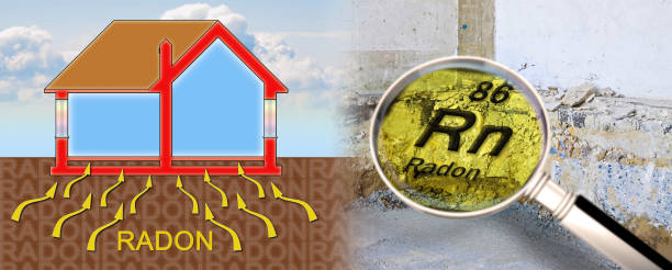 preparatory stage for the construction of a ventilated crawl space in an old building - searching gas radon concept seen through a magnifying glass - nuclear monitoring bildbanksfoton och bilder