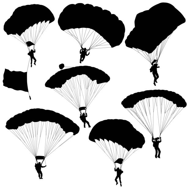 세트 스카이 다이버, 흰색 배경에 낙하산 실루엣 - parachute parachuting skydiving silhouette stock illustrations