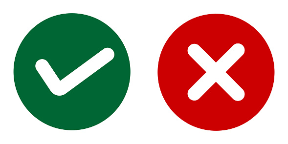 Green check mark and red cross icon.  Positive and negative choice illustration symbol. Sign app button vector.