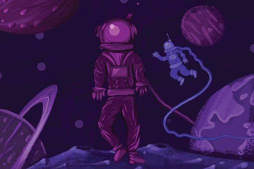 Illustration of two astronauts floating and exploring Cosmos