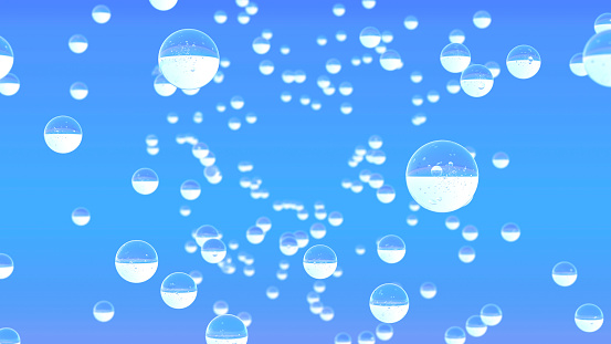 3d bubbles abstract background. Transparent glass spheres or drops on a colored blue background. Cosmetics, holiday, concept. High quality 3d illustration