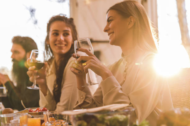 istock Girlfriends enjoying red wine and chatting during lunch party 1390134905