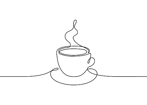 Cup of coffee, one single continuous line drawing. Simple abstract outline beautiful mug with steam beverage. Vector