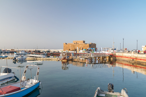 Paphos, Cyprus - April 2, 2022: View of Paphos harbour with boats.