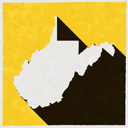 Map of West Virginia in a trendy vintage style. Beautiful retro illustration with old textured yellow paper and a black long shadow (colors used: yellow, white and black). Vector Illustration (EPS10, well layered and grouped). Easy to edit, manipulate, resize or colorize. Vector and Jpeg file of different sizes.