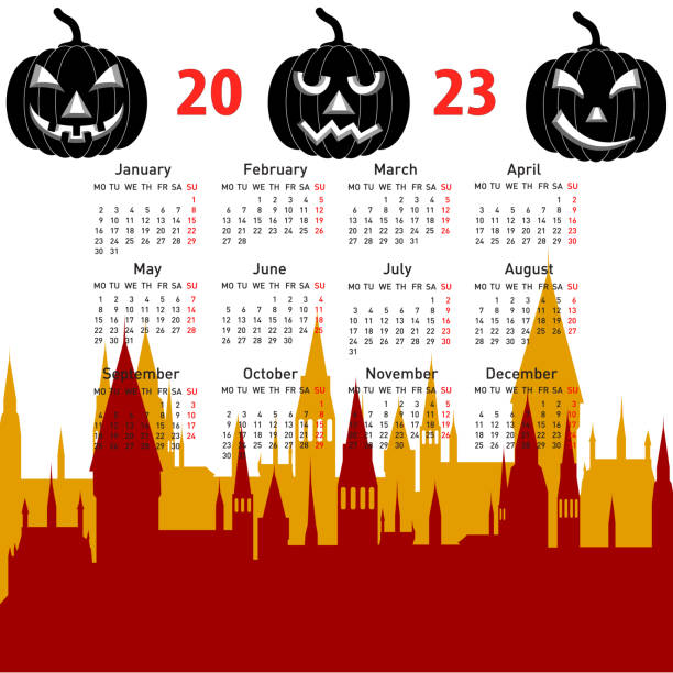 istock Halloween Stylish calendar for 2023 pumpkin and castle tower 1390135714