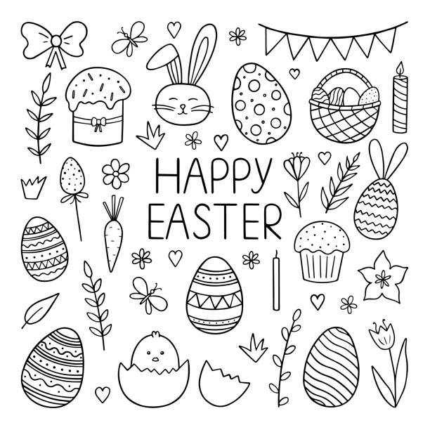 illustrazioni stock, clip art, cartoni animati e icone di tendenza di set disegnato a mano di happy easter doodle. coniglietto pasquale, pulcino, uova, rami, tulipani in stile schizzo. design per modello di carta, decorazioni natalizie
illustrazione vettoriale isolata su sfondo bianco. - floral pattern butterfly easter easter egg