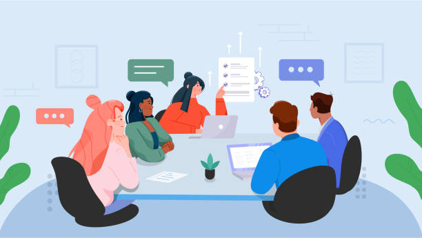 Briefing and Conference Concept. Working Presentation. The employee shows a presentation, data, and research. Brainstorm and Teamwork Set. Office staff Training meeting, and Communication. Vector Flat Illustration. A flat vector illustration of a coworking meeting in the office and working on a project, showing the presentation, data, research, etc. conference table stock illustrations