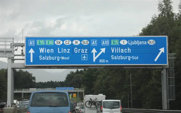 road sign in the highway with cars with directions to the city of Wien Linz or Graz that towards the Austrian borders with other European nations