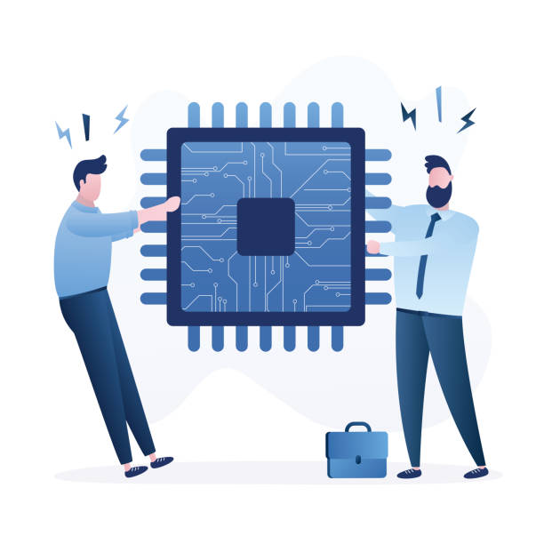 niedobór półprzewodników i chipów komputerowych z powodu pandemii koronawirusa. dwóch biznesmenów walczących o elektroniczny chip. - semiconductor industry stock illustrations