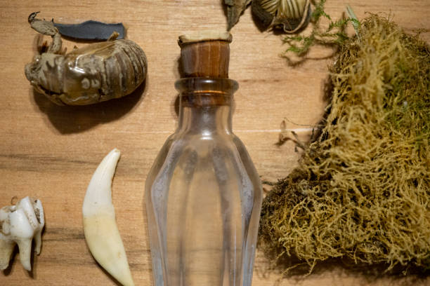 istock Close up flat lay view of glass bottle surround by assorted nature objects 1390141073