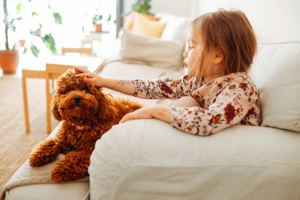 istock Little girl playing with dog 1390142863