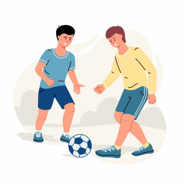 illustrations, cliparts, dessins animés et icônes de deux garçons ou adolescents jouent au football, des hommes heureux jouent au football - playing field kids soccer goalie soccer player