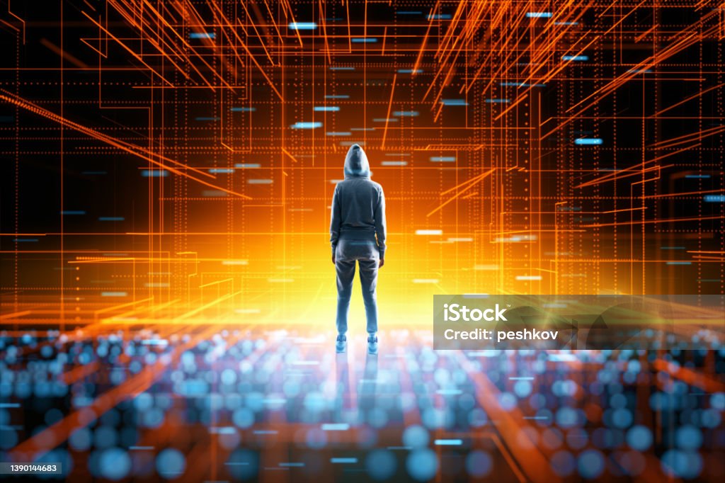 Hacker Meta Back View Of Hacker Standing In Abstract Blurry Metaverse Meta Hacking ...