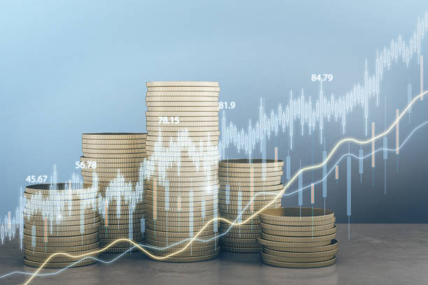 istock Creative glowing candlestick forex chart on blurry golden coins backdrop. Money, economy and finance concept. Double exposure. 1390144714