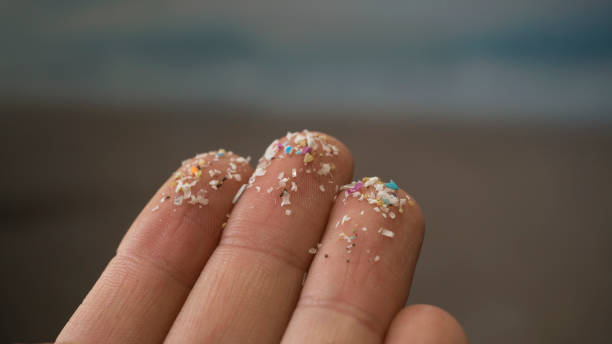 Close up side shot of microplastics on human fingers. Concept for water pollution and global warming. stock photo