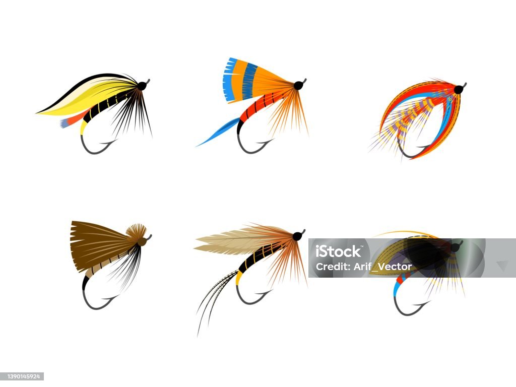 Flying fishing bait collection, isolated on a white background, vector illustration. Fishing Hook stock vector