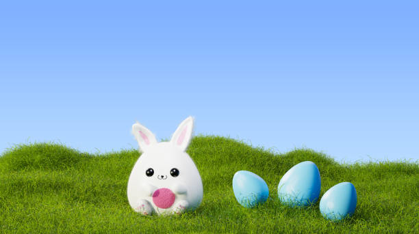 istock Easter bunny is sitting on a hill, 3d render. Cartoon rabbit sitting in the grass. Easter banner with eggs and a grass lawn 1390146970