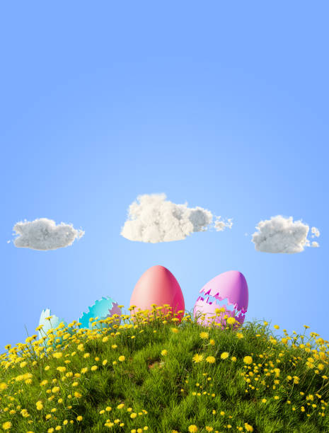 istock Colorful eggs in the grass and lush clouds. Grass hill and Easter eggs. Happy Easter greeting card, 3d rendering 1390147020