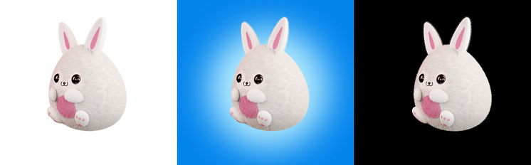 Easter bunny, side view. 3d render. Furry kawaii rabbit isolated on a white background. Design element for Easter