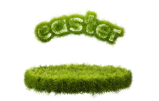 Grass circle, 3d render. Easter inscription with grass texture isolated on a white background. Grass Island. Design for a happy Easter with a podium.