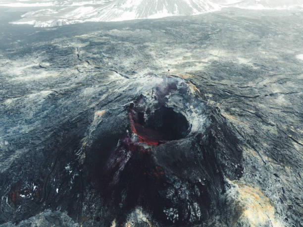Fagradalsfjall Volcano Crater Drone View in Winter Iceland stock photo