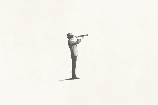 Illustration of man with telescope observing the future, business concept