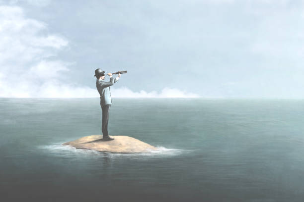Illustration of business man on a little lost island looking for help, surreal concept vector art illustration