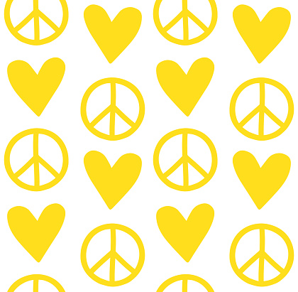 Vector seamless pattern of hand drawn peace signs and hearts isolated on white background