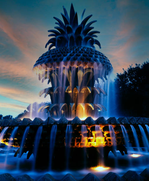 Famous illuminated Waterfront Park attraction at sunset.