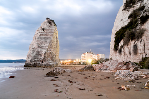 Vieste, Apulia, Italy: The beach of Pizzomunno also known as Castello or Scialara is a fine sandy beach located south of Vieste, just outside the city center