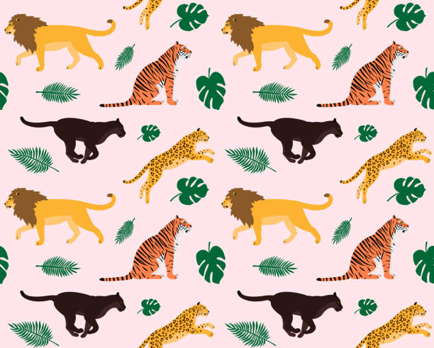 vektor nahtloses muster von flachen, handgezeichneten großkatzen und palmblättern - exoticism animal africa cheetah stock-grafiken, -clipart, -cartoons und -symbole