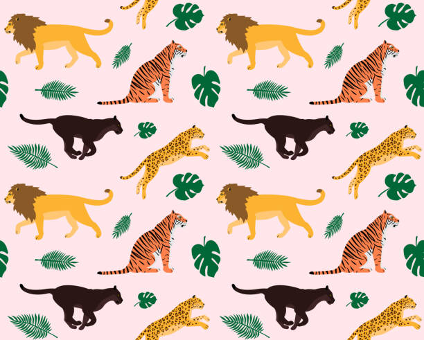 Vector seamless pattern of flat hand drawn big wild cats and palm leaves Vector seamless pattern of flat hand drawn big wild cats and palm leaves isolated on pink background big cat stock illustrations