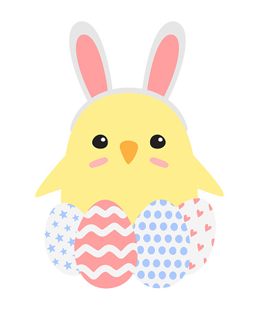 Vector hand drawn flat Easter chick with eggs isolated on white background