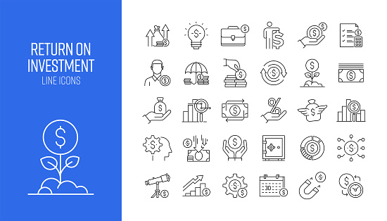 Set of Return On Investment Related Line Icons. Outline Symbol Collection