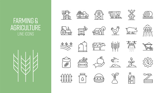 Set of Farming and Agriculture Related Line Icons. Outline Symbol Collection