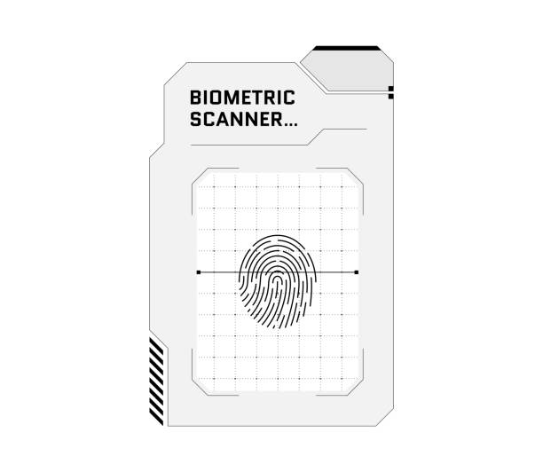 ilustrações de stock, clip art, desenhos animados e ícones de hud digital futuristic user interface finger scan panel. sci fi high tech protection black and white screen. gaming menu biometric id touch dashboard. cyberspace fingerprint scanning identification - biometrics control panel touching fingerprint