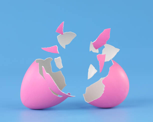 pink easter egg broken into pieces and cracked open with space for product placement. - eggs cracked opening fragile imagens e fotografias de stock