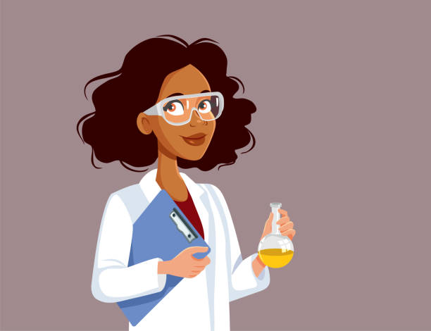 연구 벡터 만화 일러스트레이션을하는 보호 안경을 착용 한 과학자 - scientist vector women science stock illustrations