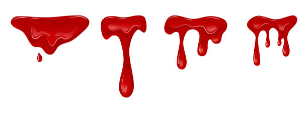 istock Flowing blood set on a white isolated background. Dripping liquid. Red slime. Vector cartoon illustration. 1390170705