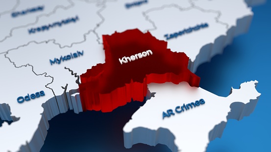 Elegante mapa 3D de Ucrania con la región de Kherson en el foco resaltado en rojo photo
