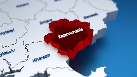 Stylish 3D map of Ukraine with Zaporizhzhia region at focus highlighted in red. High quality 3d illustration