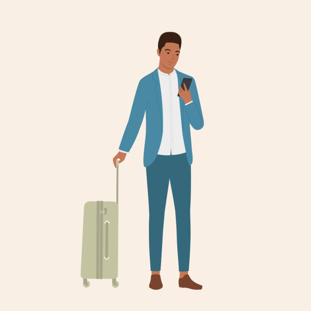 Black Businessman With Luggage Bag And Mobile Phone. Handsome Black Businessman With Luggage Bag Looking At His Mobile Phone. Full Length, Isolated On Solid Color Background. Vector, Illustration, Flat Design, Character. well dressed man standing stock illustrations