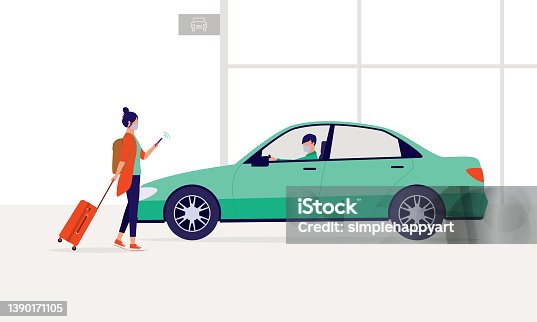 istock Woman With Face Mask Holding A Mobile Phone Hailing A Car Ride At The Airport. 1390171105