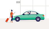 istock Woman With Face Mask Holding A Mobile Phone Hailing A Car Ride At The Airport. 1390171105