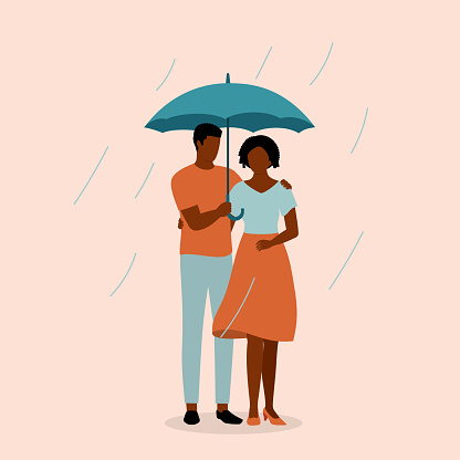 Romantic Black Couple Standing Under An Umbrella On A Rainy Day. Full Length, Isolated On Solid Color Background. Vector, Illustration, Flat Design, Character.