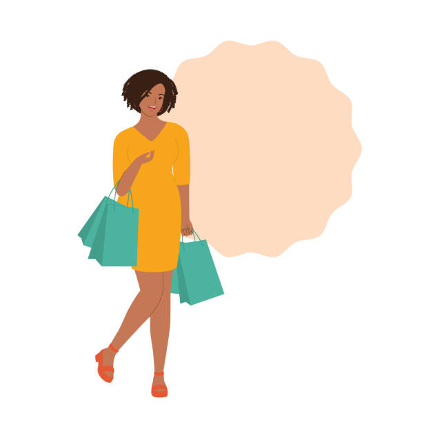 ilustrações de stock, clip art, desenhos animados e ícones de young pretty black woman with shopping bags. - white background laughing beautiful women