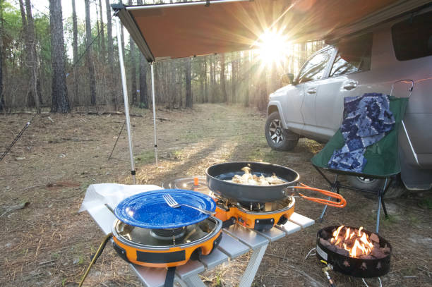 istock Cooking dinner in overlanding campsite at sunset 1390176883
