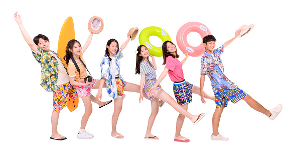 Summer, beach, vacation, happy young group having fun and travel concept