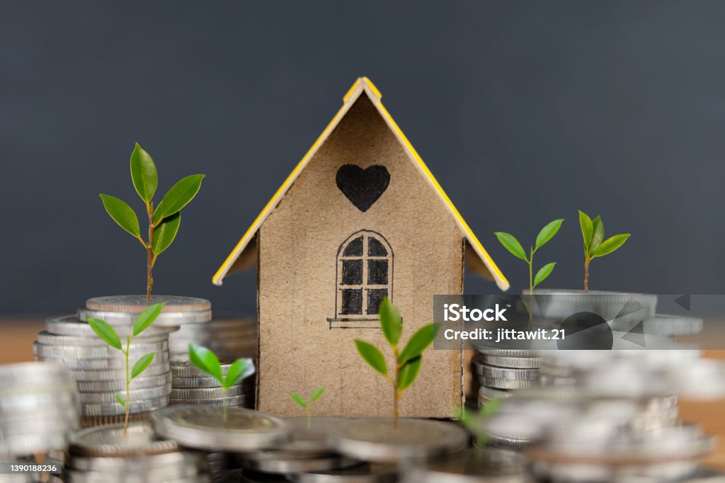 House model on coins saving for concept investment mortgage fund finance and interest rate home loan. House model on coins saving for concept investment mortgage fund finance and interest rate home loan. Coins stack of money and plant growing up on coins to show concept Gold - Metal Stock Photo